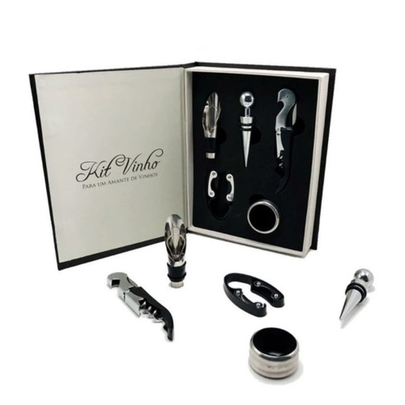 Kit Vinho Abridor Saca Rolhas Tampa Dosador Livro 05 Peças Luxo - FlameShop