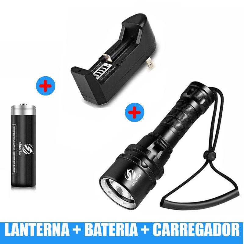 Lanterna Tática Mergulho - 100M Profundidade, Bateria e Carregador - FlameShop